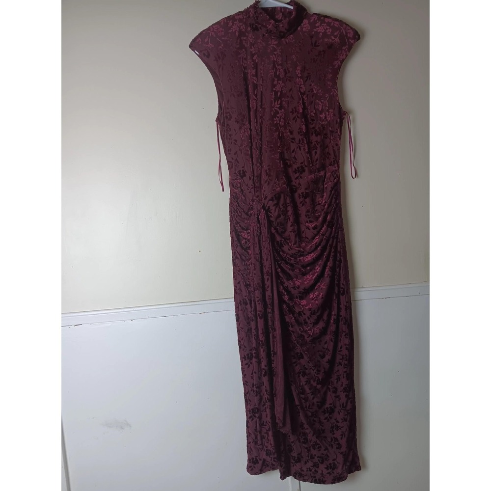 Taylor Dress Womens 10 Red Floral Velvet Maxi‎ Ruched Sheath High Neck Gown